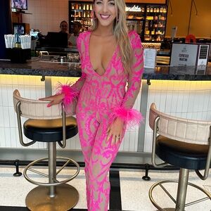 Pink Feather-Trimmed Jumpsuit